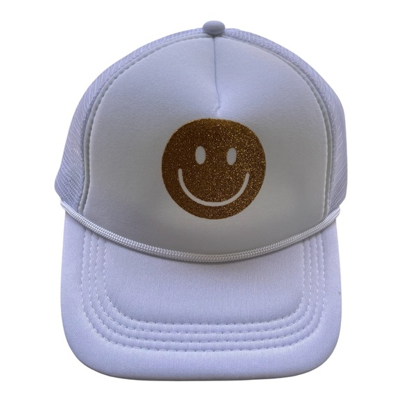 White Trucker Hat with Gold Smiley Face - Picture 4 of 5